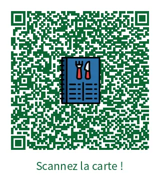 QR code vert foncé avec, en son centre, le pictogramme d’un carnet de menu portant fourchette et couteau, et sous le code la mention « Scannez la carte ! ».